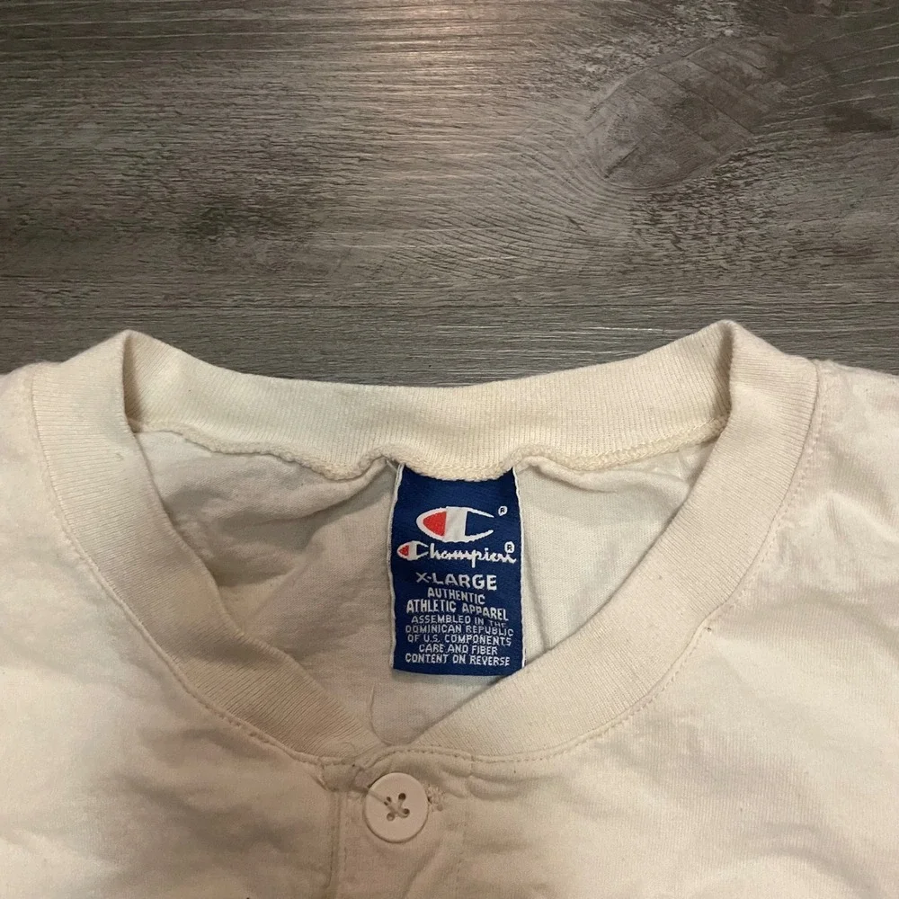 Vintage Champion Henley T-Shirt Mens XL Cream Off White Script Logo Short Sleeve - Picture 3 of 5